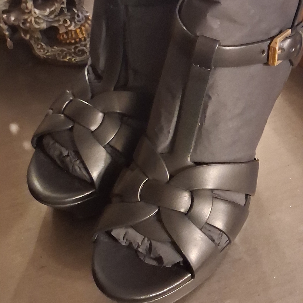 Saint Laurent Black Woven Leather Wedges
